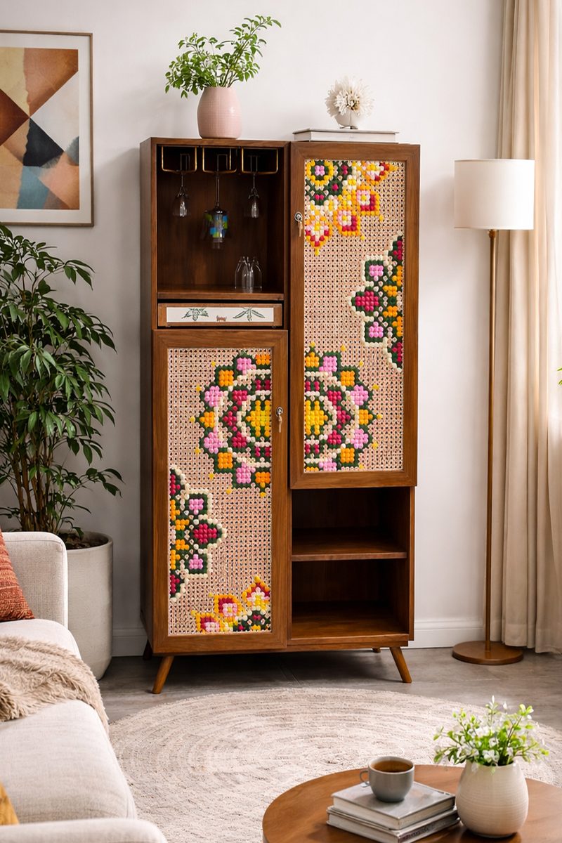 A tall wooden bar unit with cane door panels worked in colourful mandala shapes in thread.