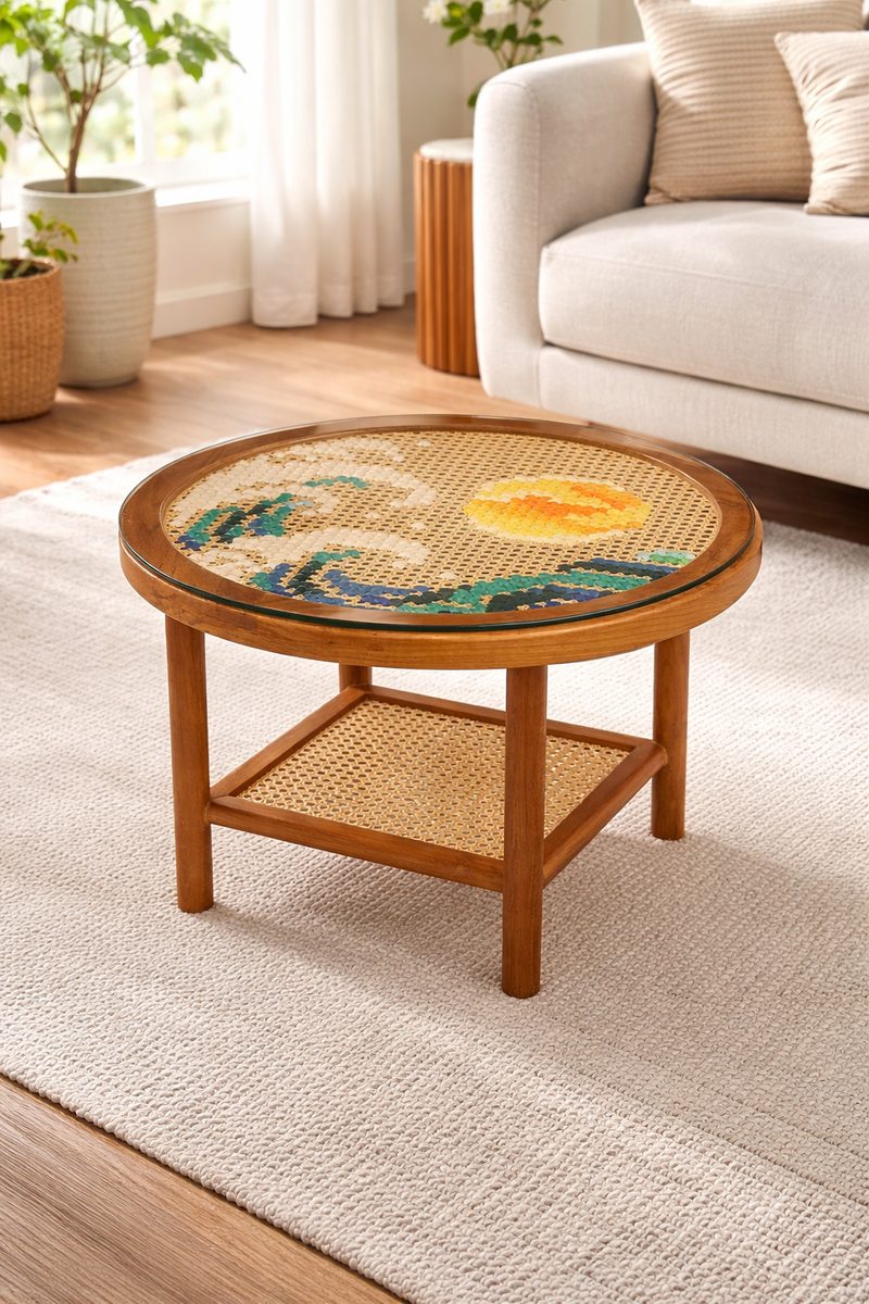 A round wooden coffee table with a thread on cane top of blue waves and a yellow sun, and a cane shelf below.