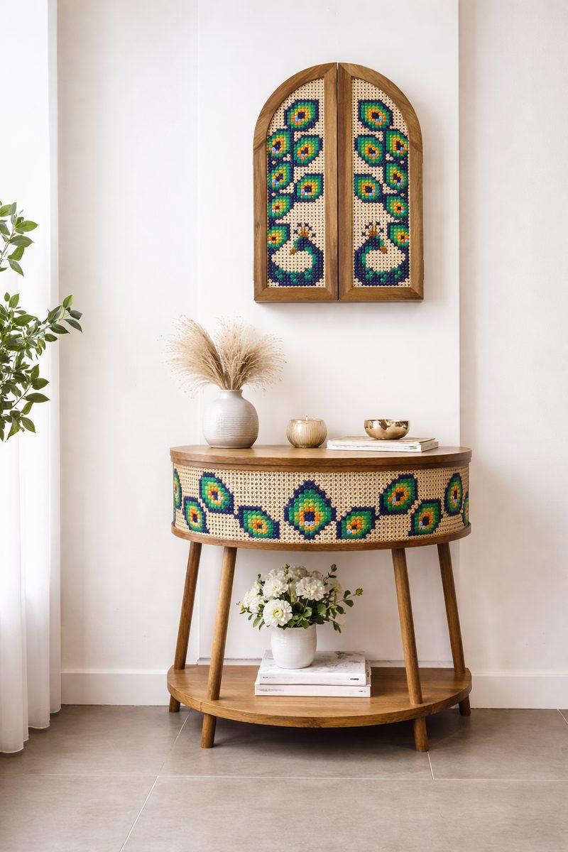 A half-round console table with a peacock feather band in thread on cane, and a wall mirror with arched wooden doors above it.