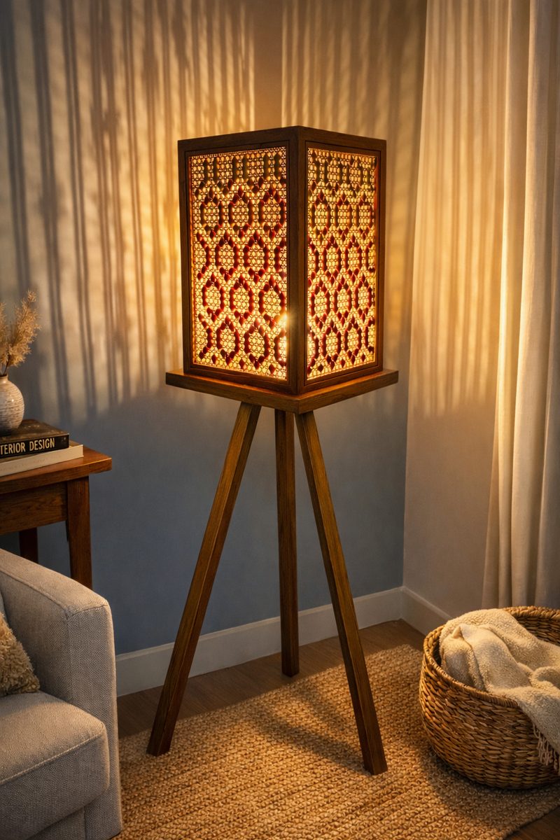 A square lamp shade of thread on cane in a red diamond pattern, lit from inside, on a three legged wooden stand.